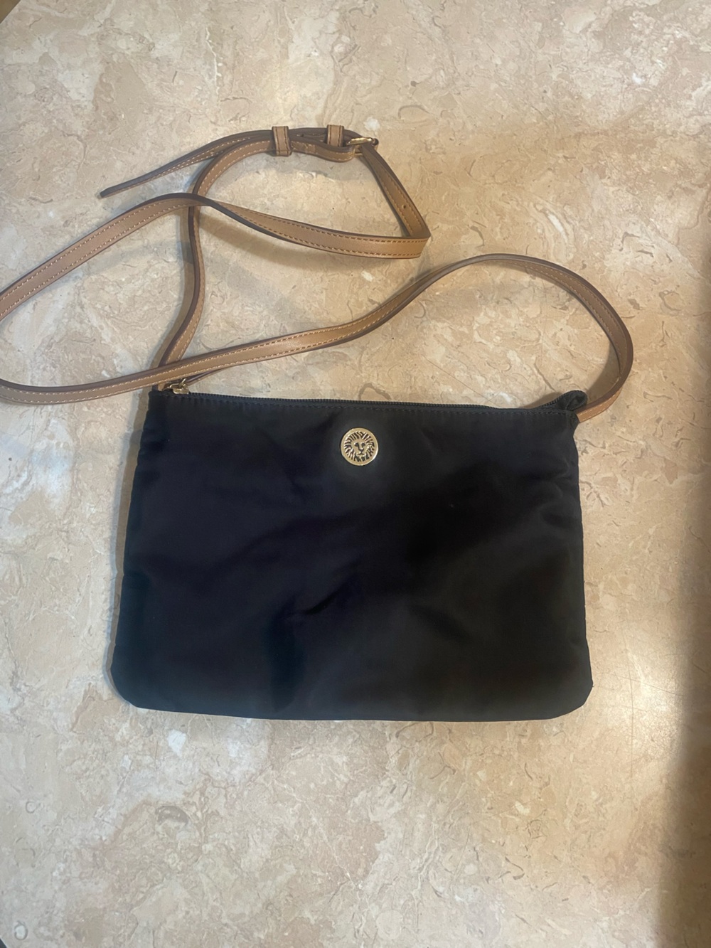 Anne Klein Black Crossbody with Brown Strap and Gold Emblem